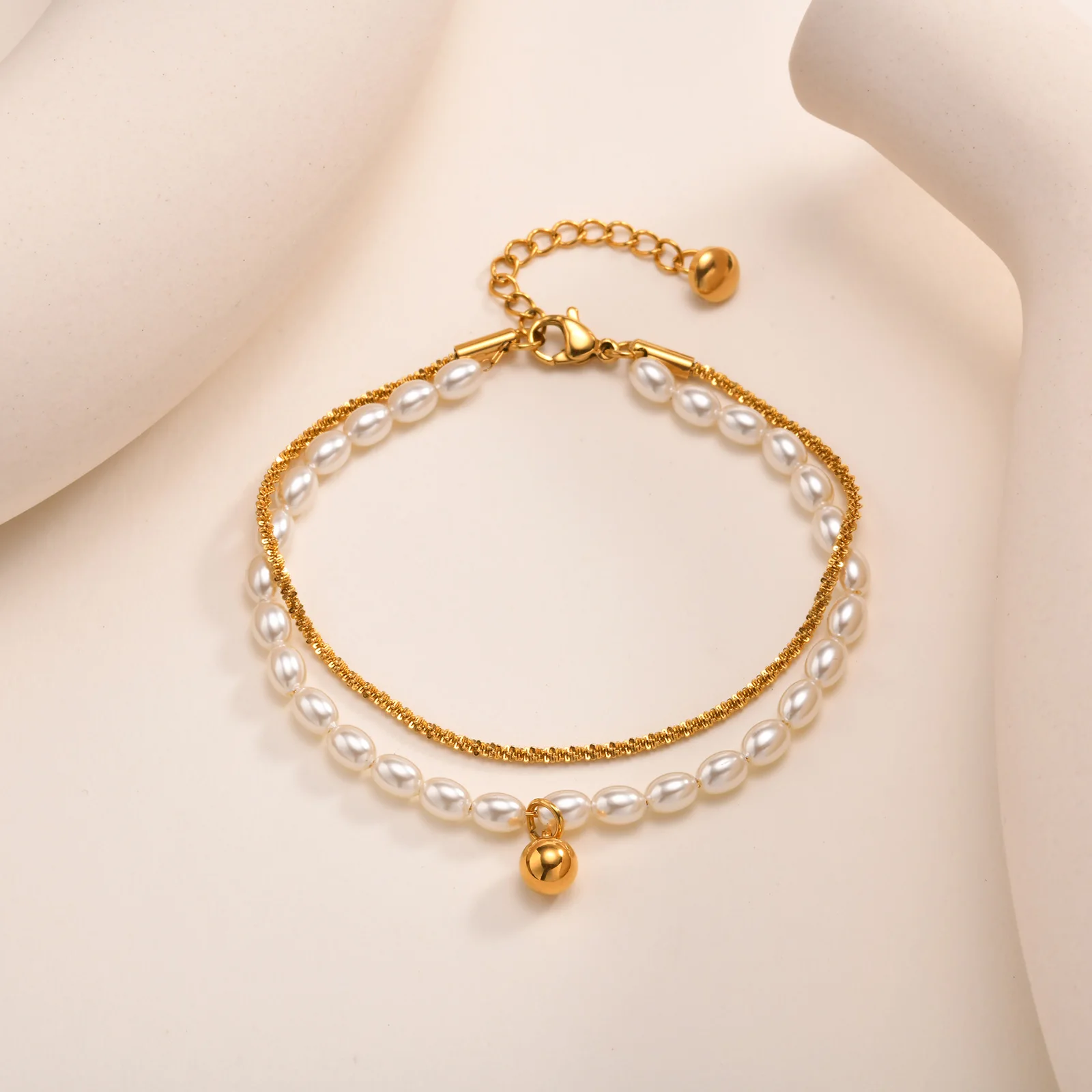 

Double Layer Stacked Bracelet Stainless Steel Gypsophila Chain Imitation Pearl Ball Bracelets For Women Gold Color Jewelry