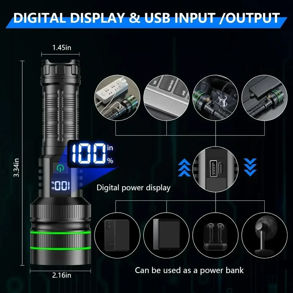 High Power Tactical LED Flashlight Rechargeable Long Shot Zoomable  SOS Emergency Work Light for Outdoor Fishing Hunting Camping