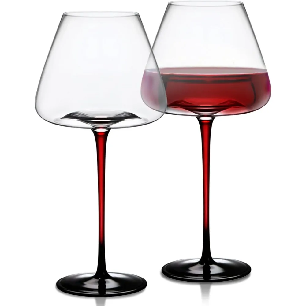 

Винные бокалы для шампанского с вогнутым дном, красной ножкой и черным основанием, 24 унции, набор из 2 штук, ручная работа, подарок для бара