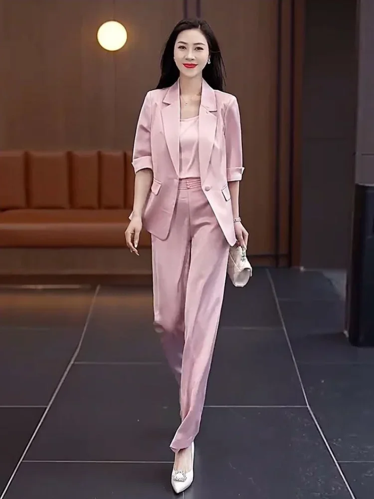 Trousers Woman Pink Office Summer 2024 Professional Wear To Work Blazer and Pant Sets for Women 2 Pieces Suits Wide Leg Clothes