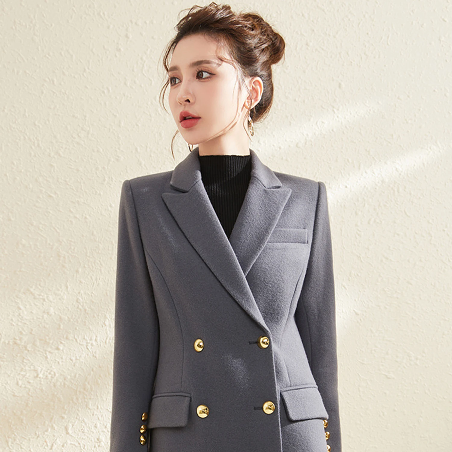 Allingentle Grey Women's Suit Blazer long Coat Elegant Double-Breasted Jacket for Daily Casual Office Outfit Customize