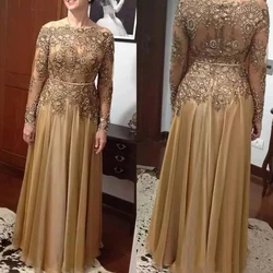 2024 Mother Of The Bride Dress Gold Beaded Long Sleeves Floor Length Sequined Lace Appliques Guest Evening Gowns robes de soirée