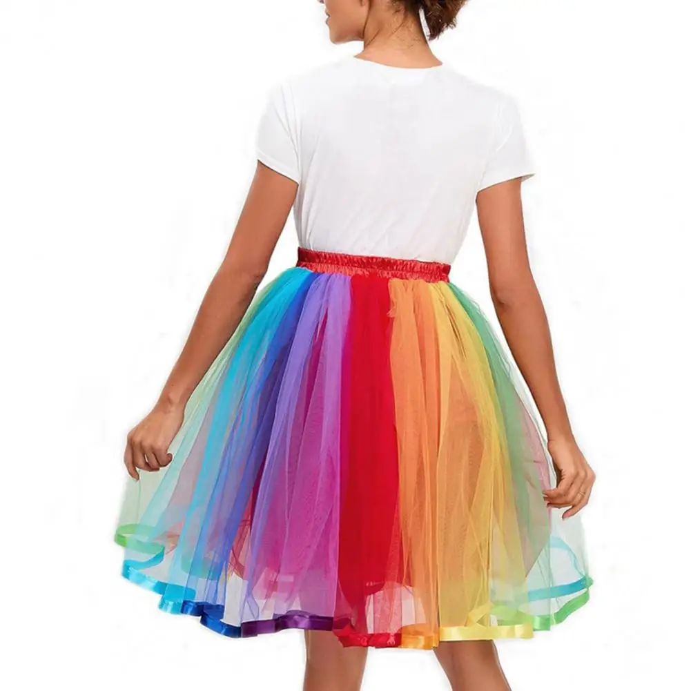 Elasticated Waist Skirt Colorful Rainbow Dance Skirt High-waisted Midi with Elastic Waistband Sweet Style Mid-calf for Women