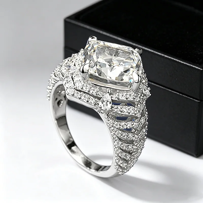 Luxury 18K white Solid Platinum PT950 certifid10*10 moissanite white cushion ring exquisite wedding ring precious jewelry