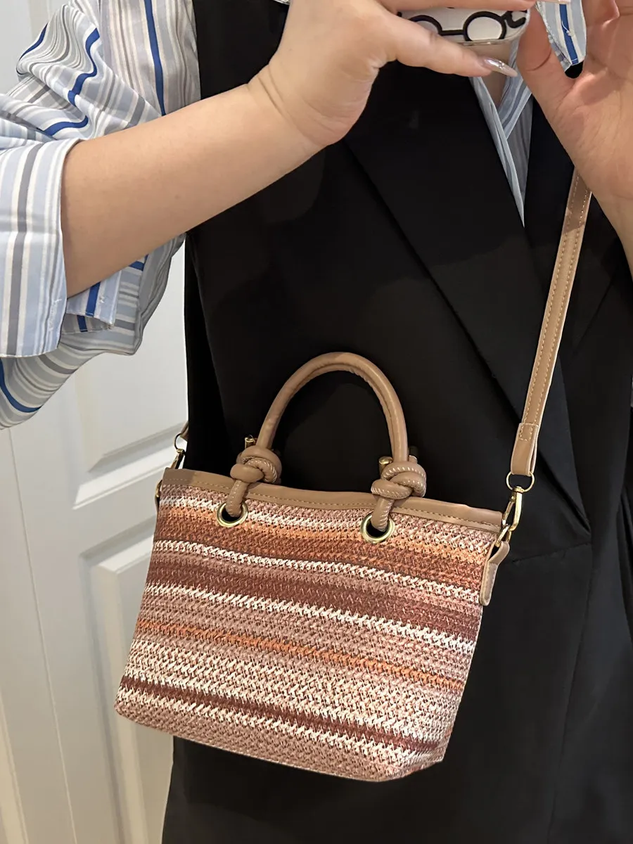 Handheld woven bag for women, trendy and retro small tote bag, versatile crossbody straw woven bag