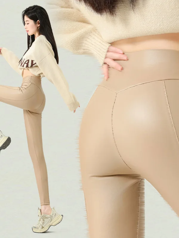 

Baby Girl's High Waist Fce Lined Slim Fit PU Leather Pants Autumn Winter Trousers Soft Stretchy Nine Points Pants