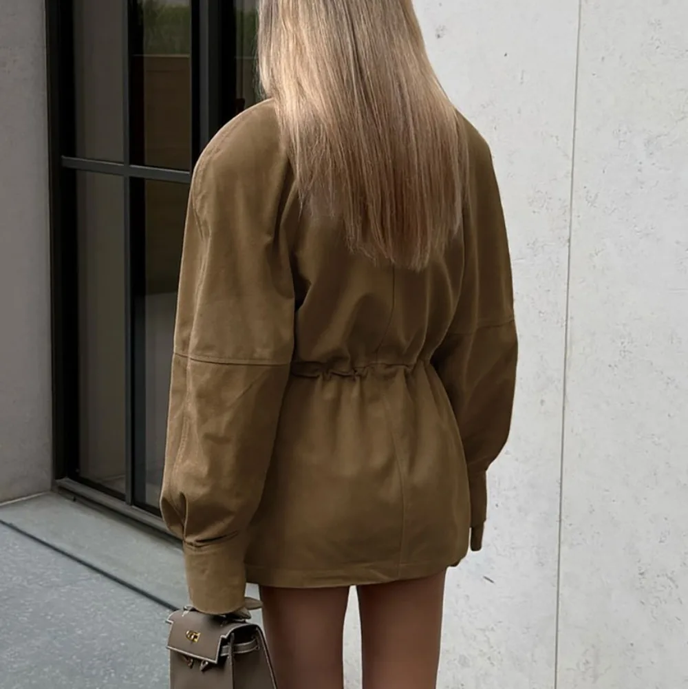 Light Luxury Warm Mid Length Suede Jacket Autumn and Winter Women Street Style Soft Windproof Waist Design Office Casual Jacket