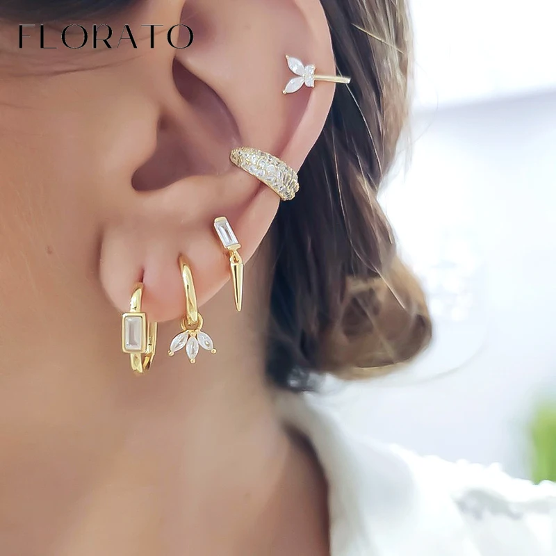 925 Sterling Silver Ear Needle Trefoil Shape Pendant Hoop Earrings Colorful Zircon Metal Earrings Fashion Wedding Jewelry gifts