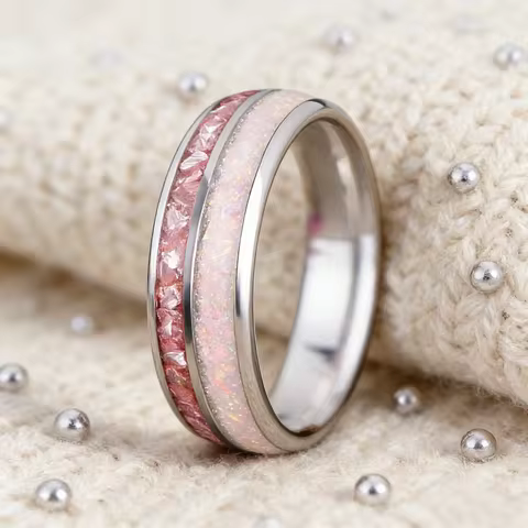 Fashion 8mm Silver Color Women Stainless Steel Ring with White Opal and Pink Stone Inlay Rings for Men Women Wedding Jewelry