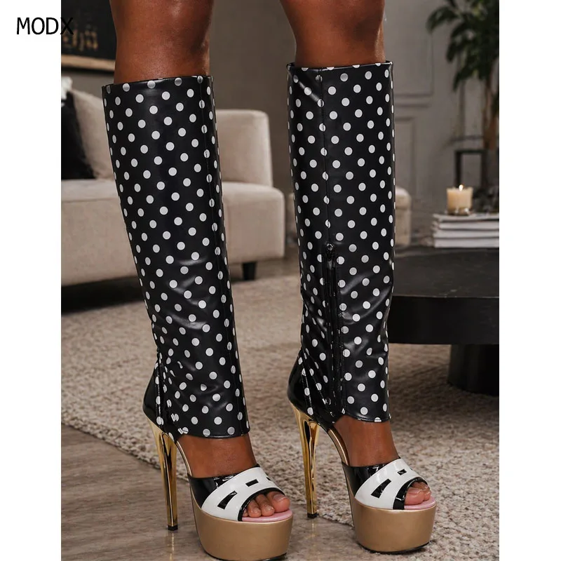 Women Black White Polka Dot Knee High Boots Open Toe Gold Stiletto Heel Platform Side Zipper Shoes Plus Size 2026 New Arrival