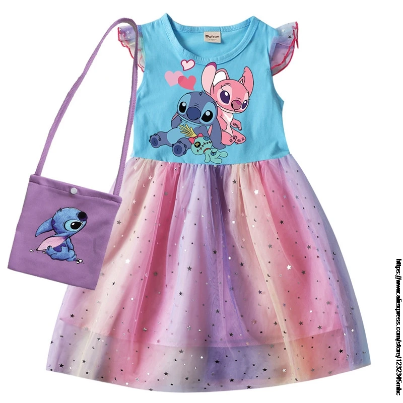 Lilo And Stitch Summer Girls Cotton T Shirt Patchwork Dress +Bag Children Girl Home Party Casual Clothes Dresses