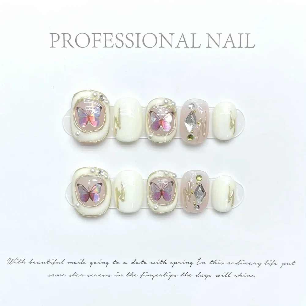 Handmade Short Press on Nails Korean Purple Fairy Kawaii Flower Design Reusable Adhesive False Nails Cute Full Cover Nail Tips