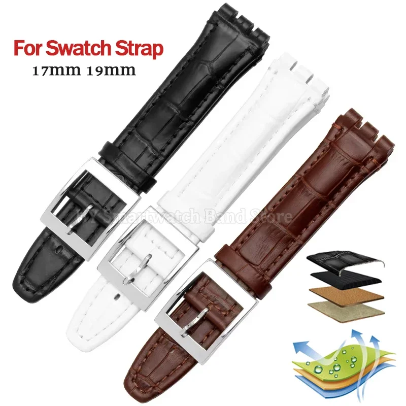 17 มม.19 มม.สายนาฬิกาหนังสําหรับ Swatch Series สายรัดข้อมือกันน้ํา Cowhide สร้อยข้อมือสีดําสีขาวสีน้ําตาลสายนาฬิกา