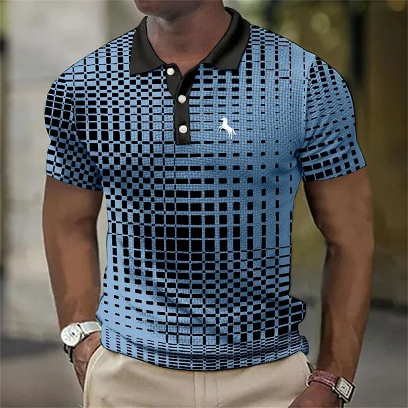 3D Digital Print Stripe Short Sleeve Polo Shirt Men Summer Casual Polo Shirt Button Lapel Polo Shirt Golf Polo Shirt Tops