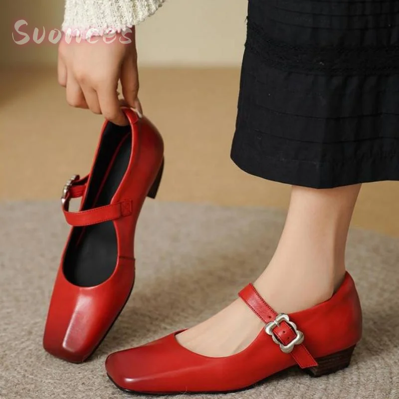 Retro Square Toe Mary Jane Pumps Sleek Gloss Leather Slim Adjustable Metal Buckle Band Minimalist Comfortable Commuter Shoes