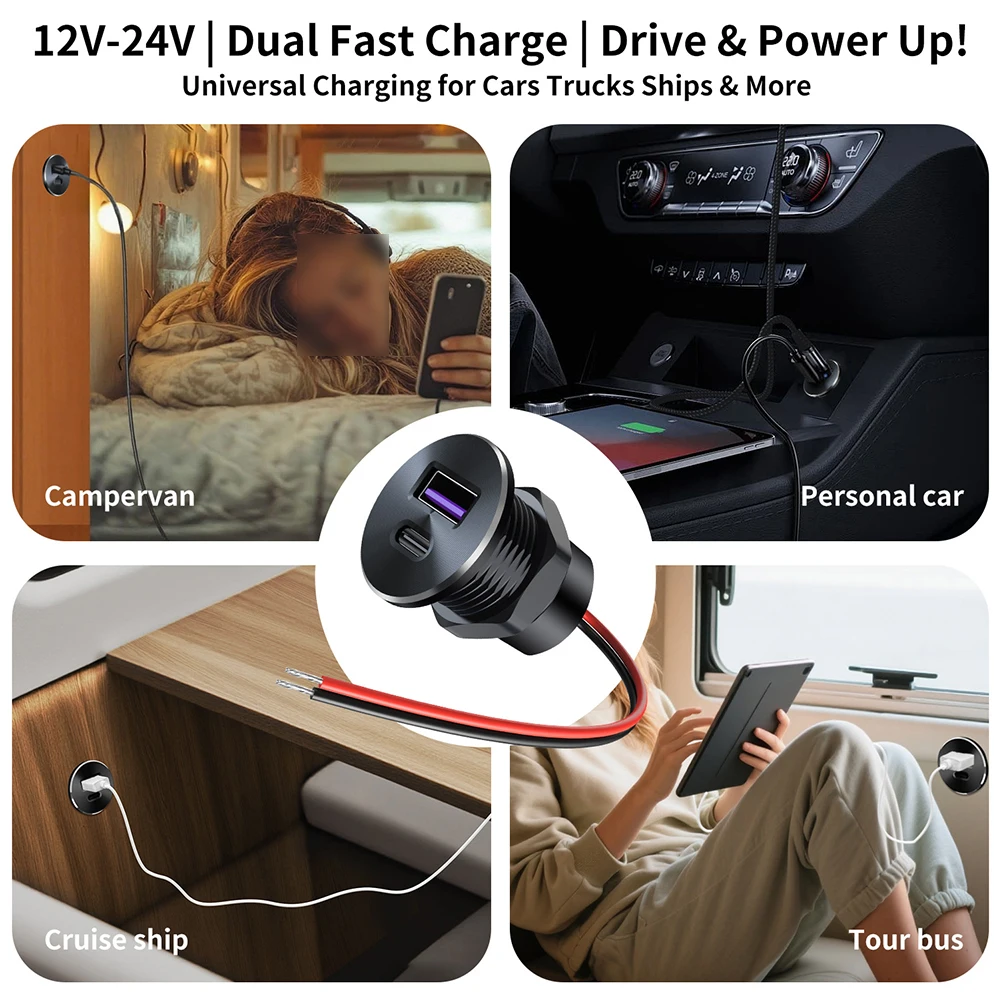 12V 24V USB Charger Outlet 30W PD3.0 For QC3.0 Fast Charging Port For Camper Van Trailer Car Boat Marine RV Interior Accessories