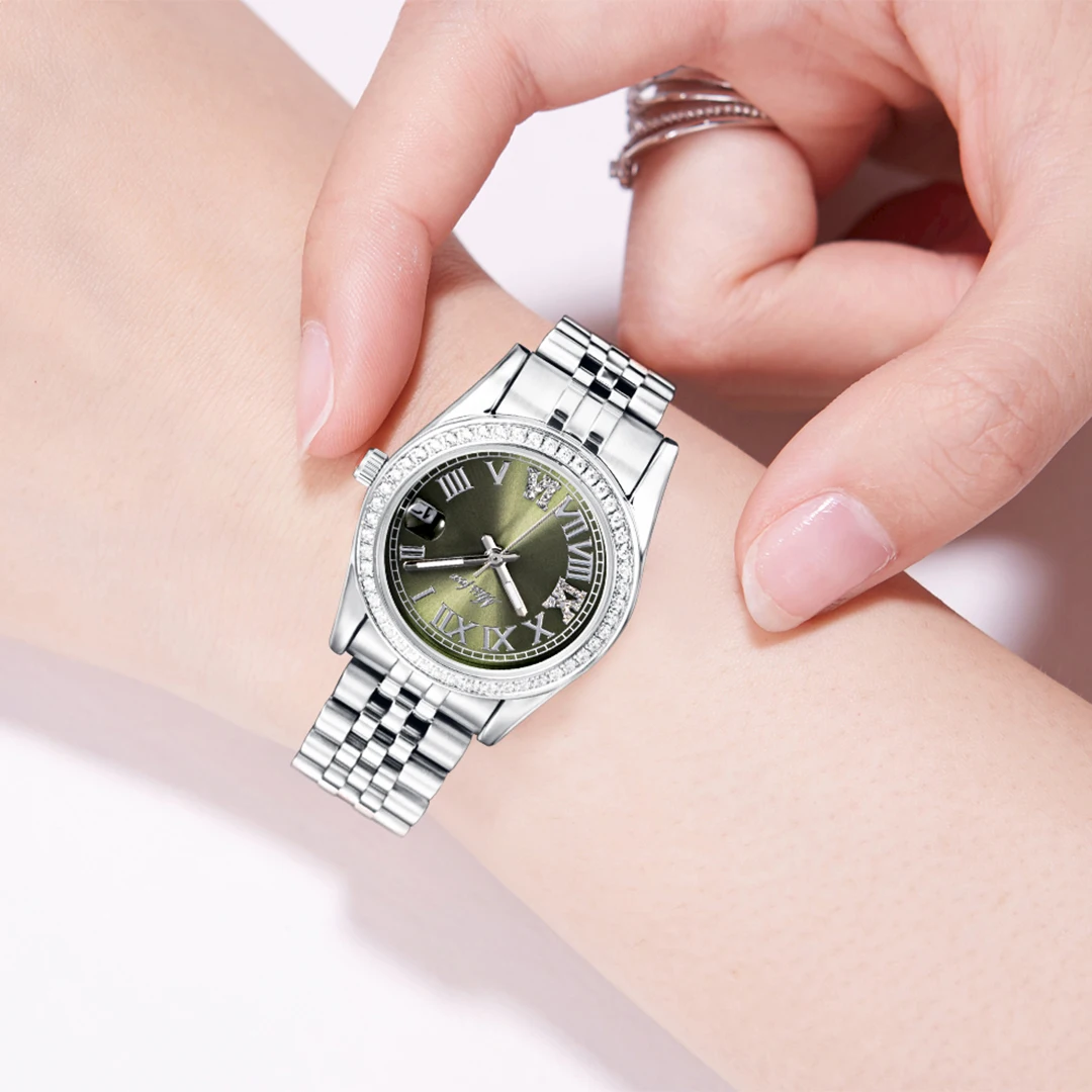 MISSFOX Watch For Women New Fashion Auto Date Waterproof Ladies Reloj Top Move Stainless Steel Green Girls Quartz Wrist Watches