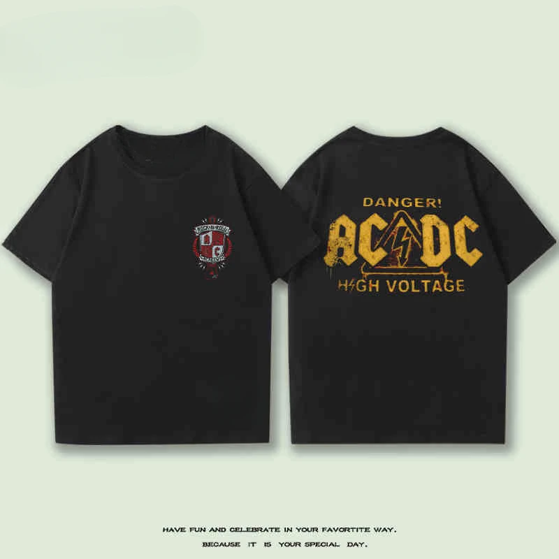 2024 New ACDC Rock Band Short Sleeve T-shirt Male and Female Students Summer Loose American Street All Round Neck Pure Cotton