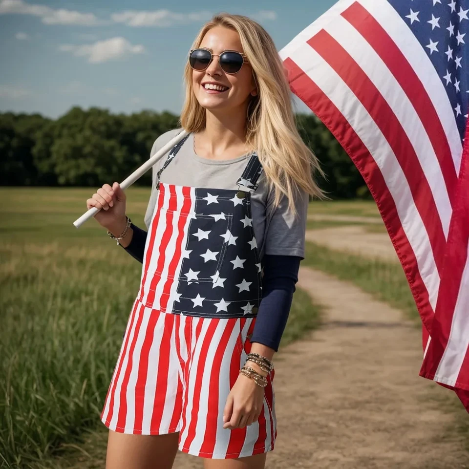 

Women'S Usa Flag Print Rompers American Striped Star Overall Adjustable Straps Wide Leg Short Jumpsuit Party July 4th Clothing