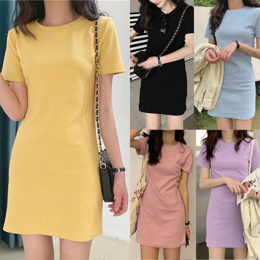 فستان تي شيرت نسائي صيفي قصير الأكمام بألوان الحلوى - فستان بوليستر متوسط الطول للارتداء الكاجوال، مقاسات من M إلى 2XL