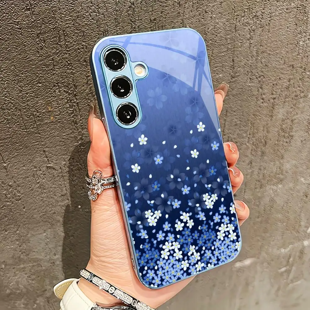 Blue white flowers PhoneCase for Samsung Galaxy S26 S25 S24 S23 S22 FE,Ultra,Plus Built-in glass feel bare machine Men women