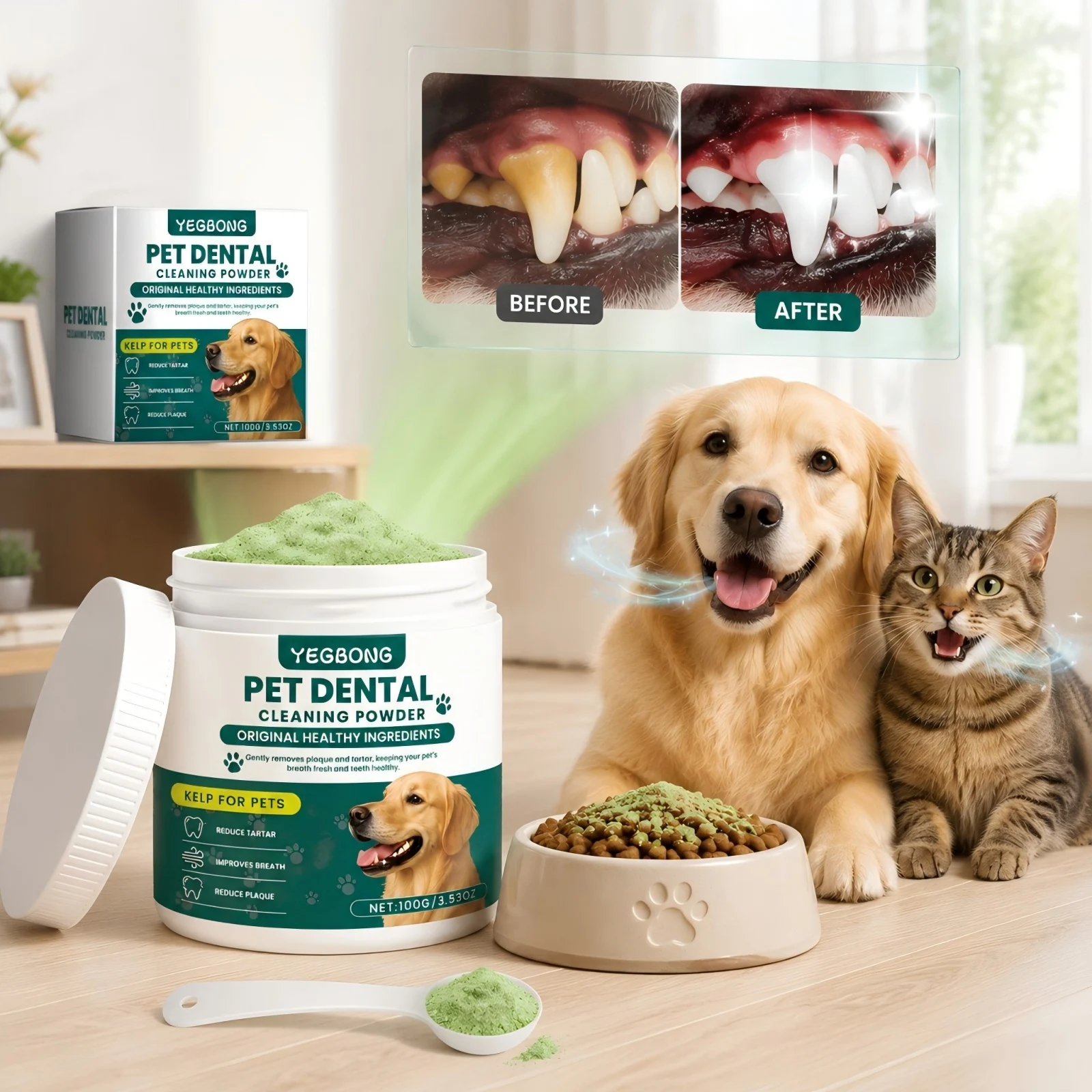 Natural Pet Dental Powder Reduces Tartar Calculus Cat Dog Breath Freshener Protect Pet Oral Hygiene Healthy Gums Pet Supplies