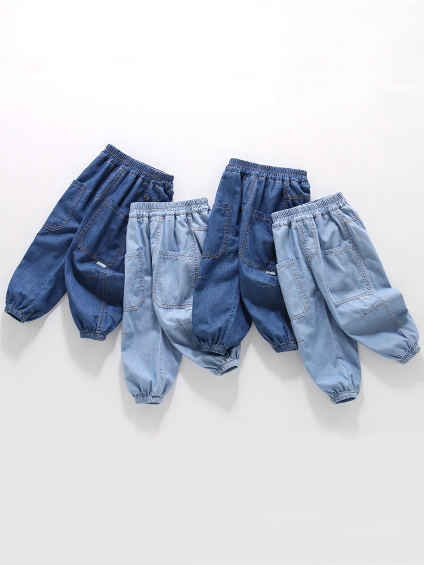 1-7Y Boys Lightweight Denim Anti-Mosquito Pants, Elastic Waist Cuffs, Breathable Quick Dry Soft Washed with Big Pockets Trousers
