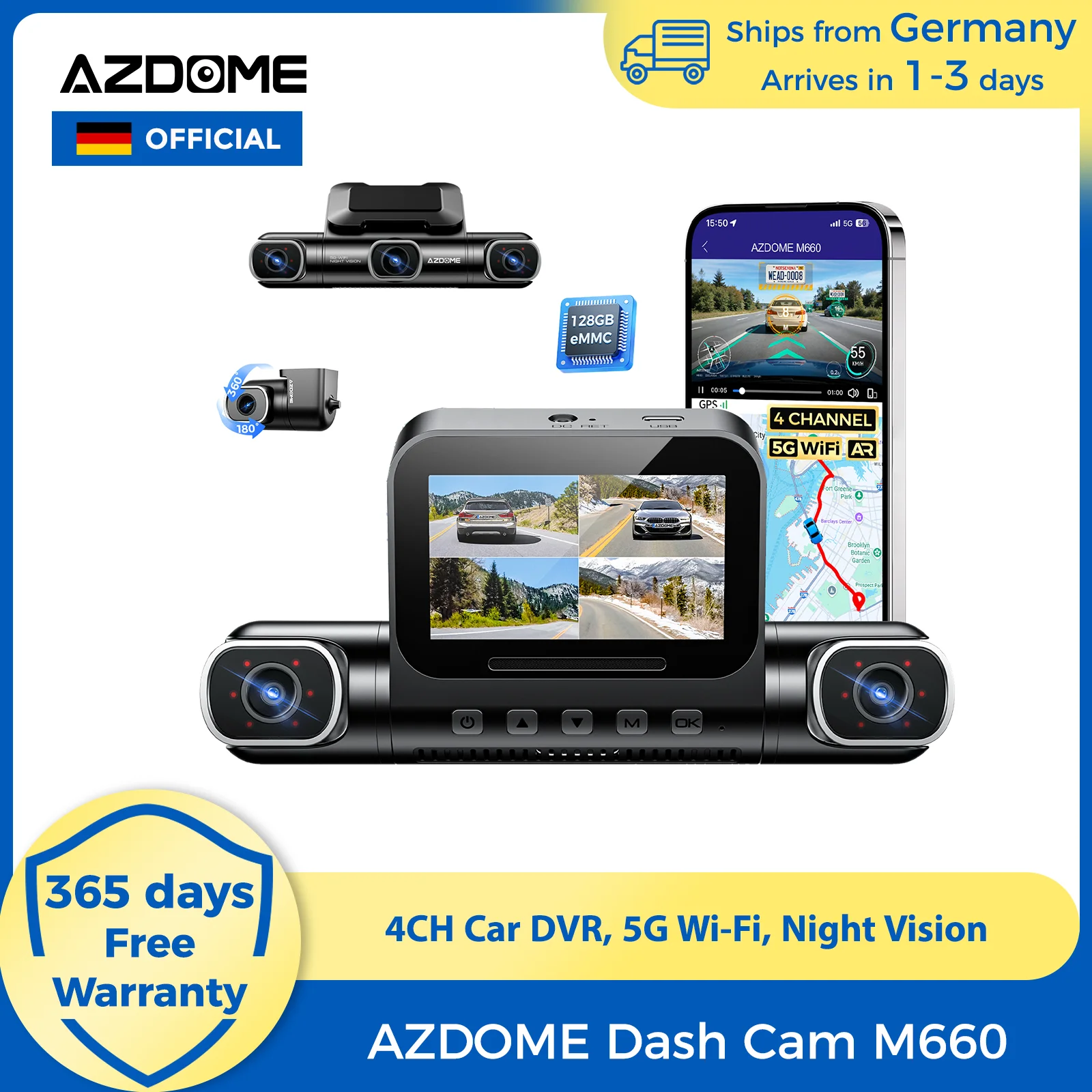 Image of AZDOME 4CH Dashcam M660-DE 2K+3*1080P Eingebautes GPS 5G WLAN Auto-DVR Sprachsteuerung IR-Nachtsicht 24H Parküberwachung 128GB eMMC