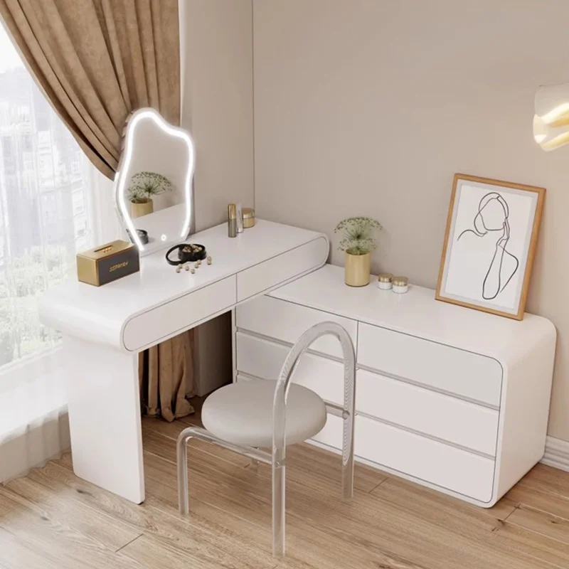 Wavy Mirror Light Dressing Table Organizer Drawer Wood Makeup Dressing Table Vanity Stool Coiffeuse De Chambre Bedroom Furniture