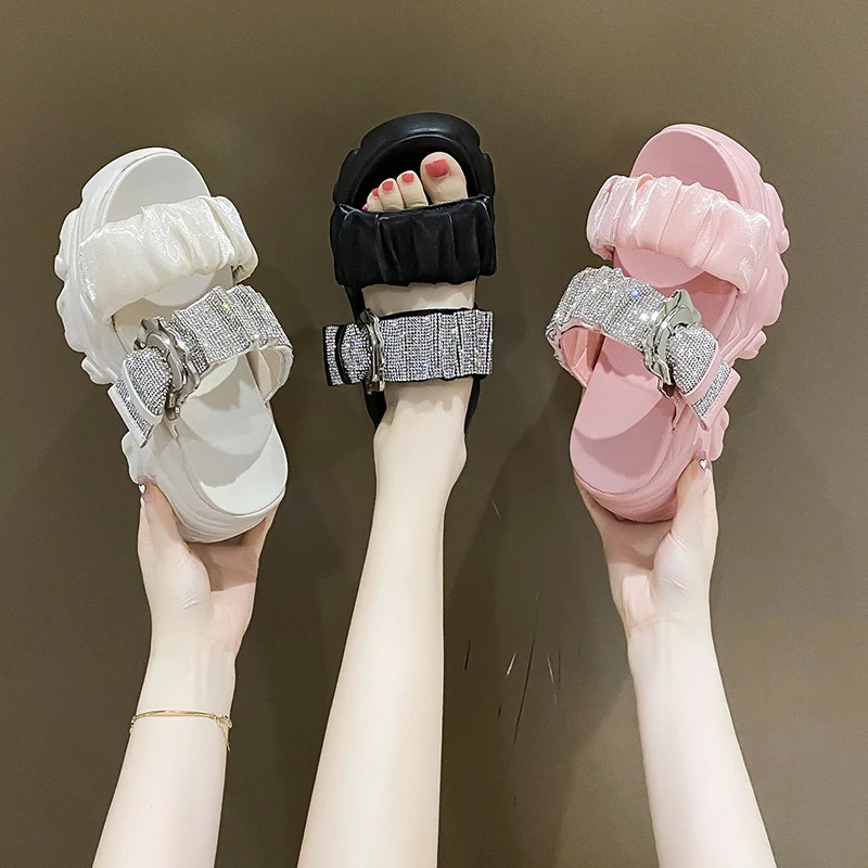 High Platform Flip-Flops Women\'s Summer Casual Slippers Crystal 7.5CM Wedge Slides Bling Chunky Sandals Open Toed Beach Slippers