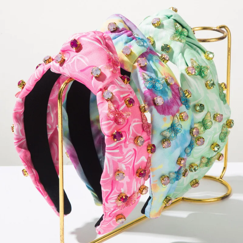 New candy color tie-dye fabric wide edge knotted high cranial top headband hand-sewn colored diamond butterfly accessories hair