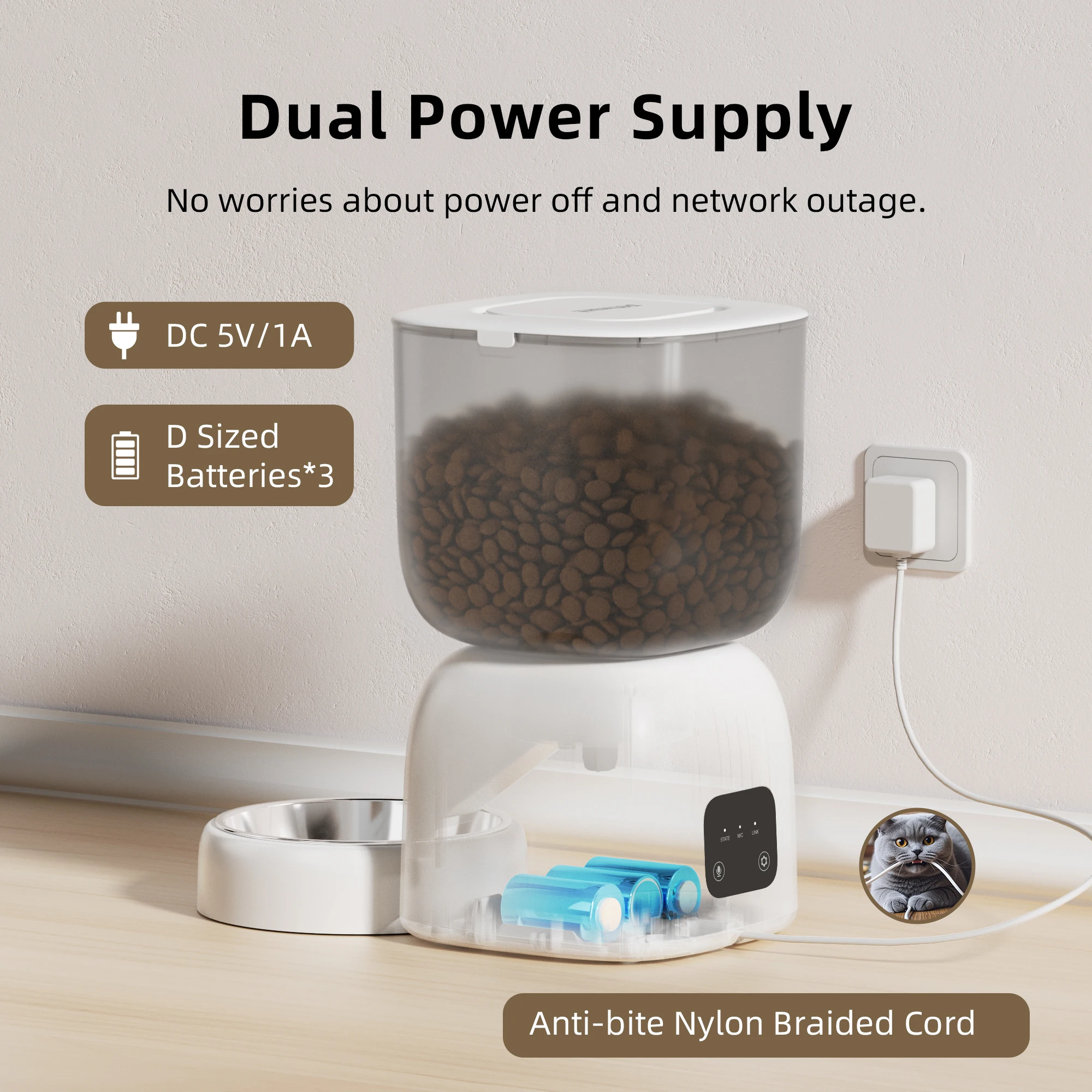 Petwant Cat Automatic Feeder 3L Wifi APP Remote 10 Second Recording with Dual Power Supply Cats Food Dispenser Cat Accessories