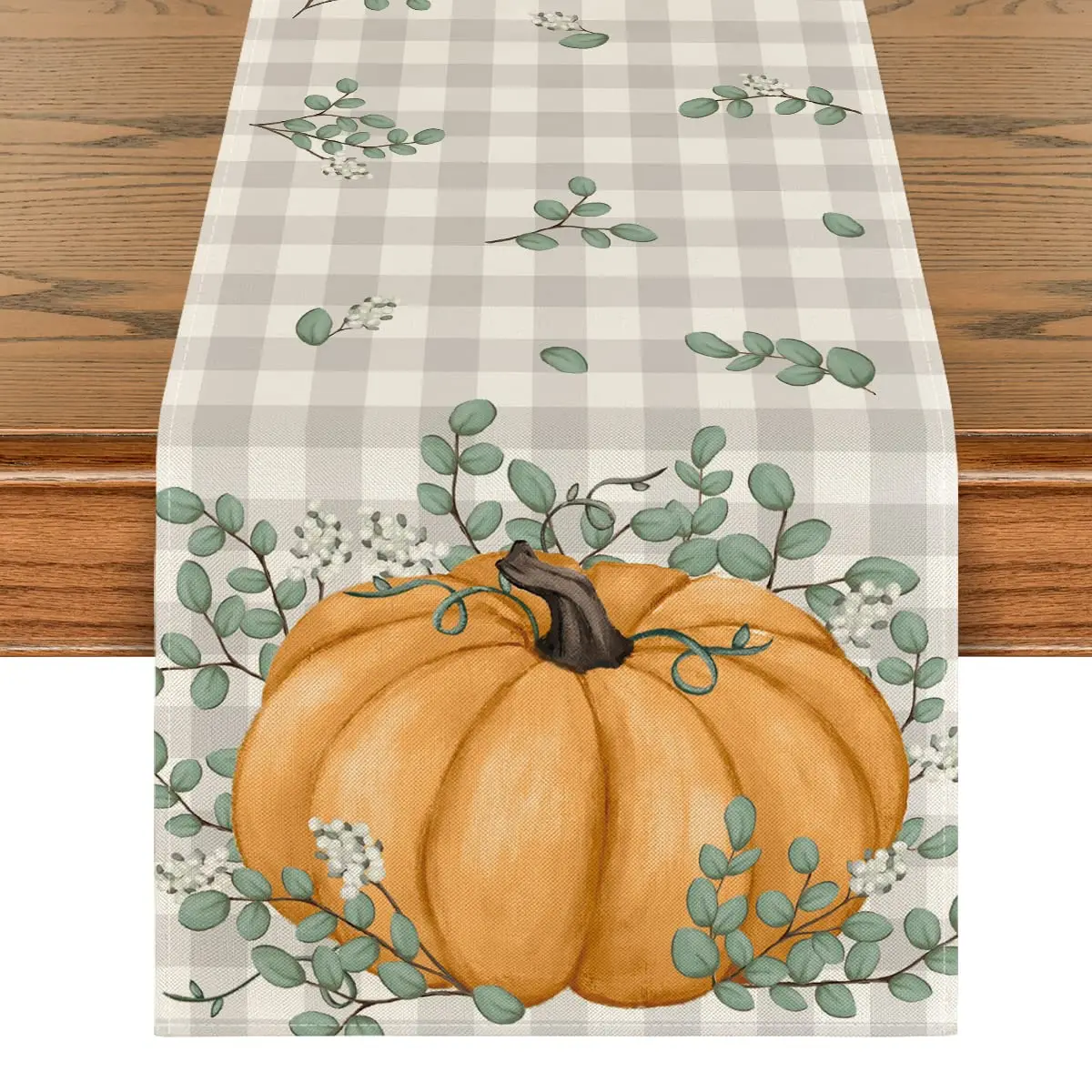 

Orange Buffalo Plaid Table Runner,Pumpkin,Eucalyptus Leaves,Fall Table Runner,Thanksgiving Kitchen Dining Table Decor for Home