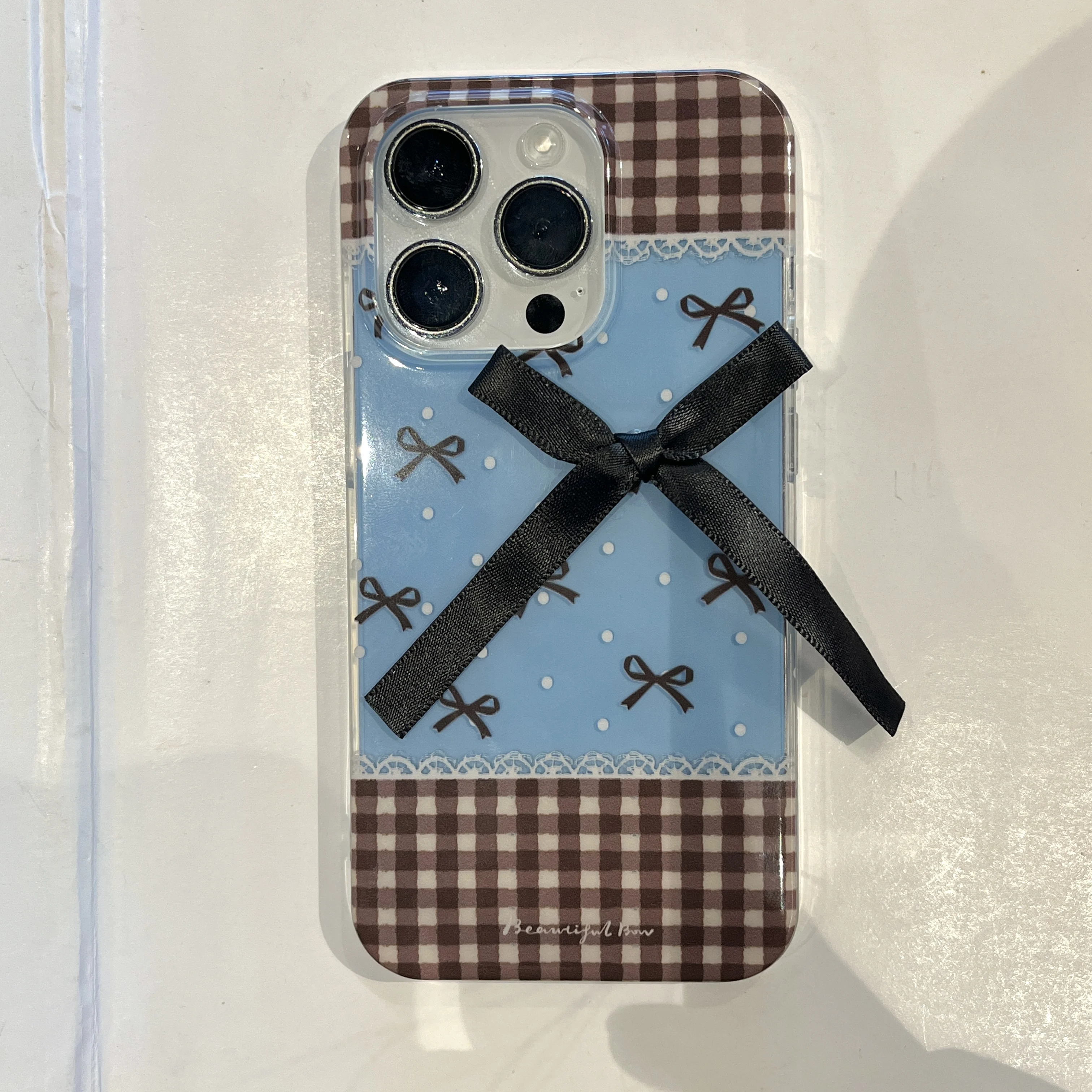 Vintage INS Blue Checker Splicing with Black Ribbon Bowknots Phone Case for iPhone 16 15 14 13 Pro Max Back Phone Cover Capa