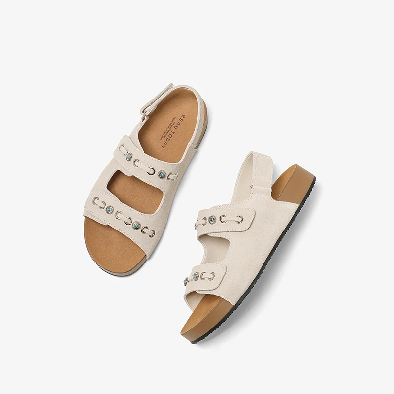 BEAUTODAY Casual Sandals Women Suede Leather Double Buckle Strap Summer Beach Ladies Low Heel Sport Shoes Handmade 34642