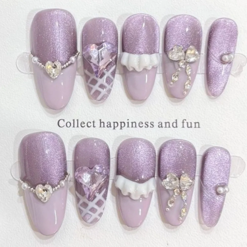 10st Cat's Eye ovale handgemaakte kunstnagels kunst draagbaar volledige dekking roze zoete nagels tips strass schattige Franse amandel manicure