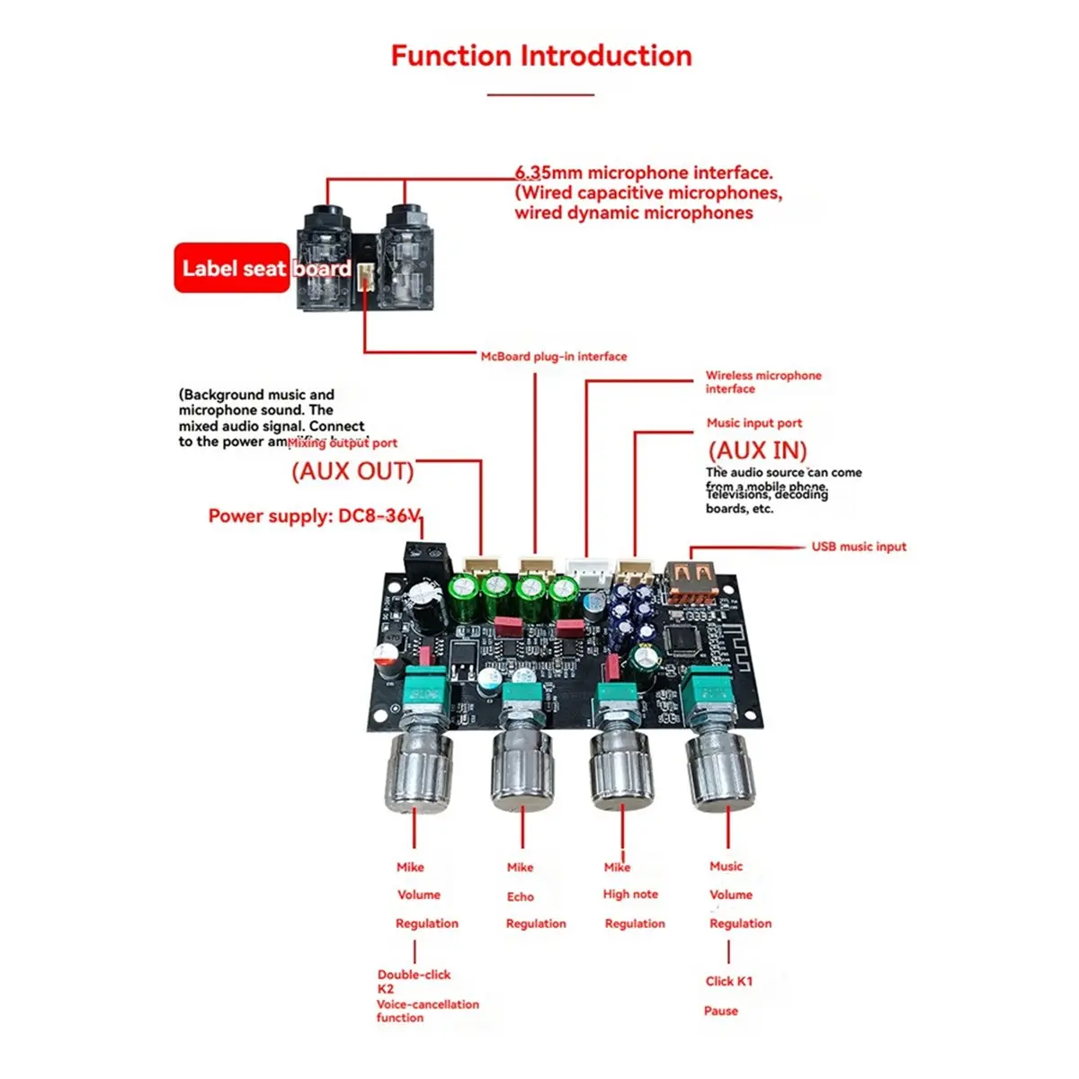 A86G NEW DC8-36V AMP Microphone Preamplifier Audiophile Karaoke Reverb Board Microphone Karaoke Singing Mixer Anti-Howling