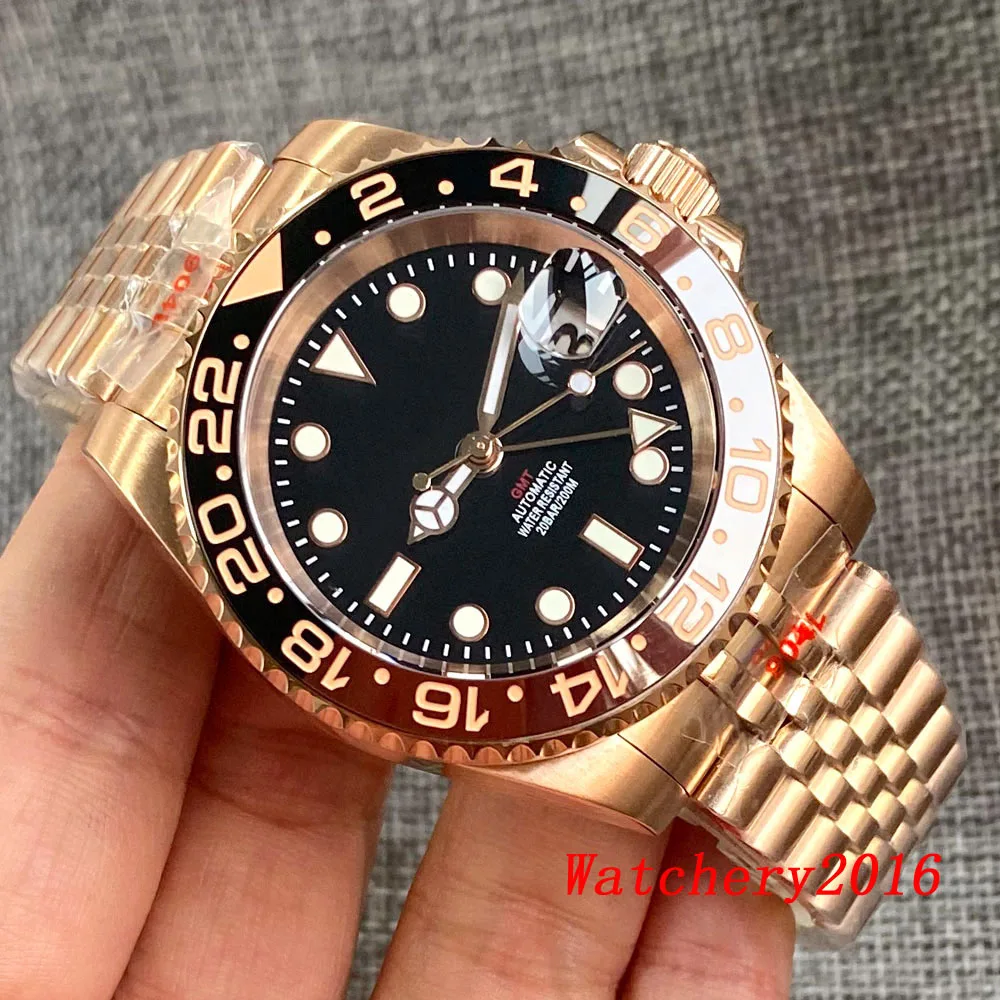 Imagem -03 - Relógio Mecânico Luminoso Masculino Ouro Rosa Mostrador Preto Automático Vidro de Safira Moldura Cerâmica Nh34 Nh34a Gmt 40 mm