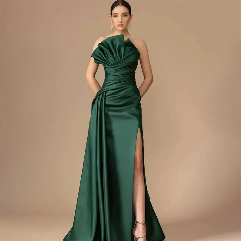 Elegant Long Green Satin Sleeveless Prom Dresses with Slit Mermaid Scalloped Neck Pleated Evening Dresses for Women