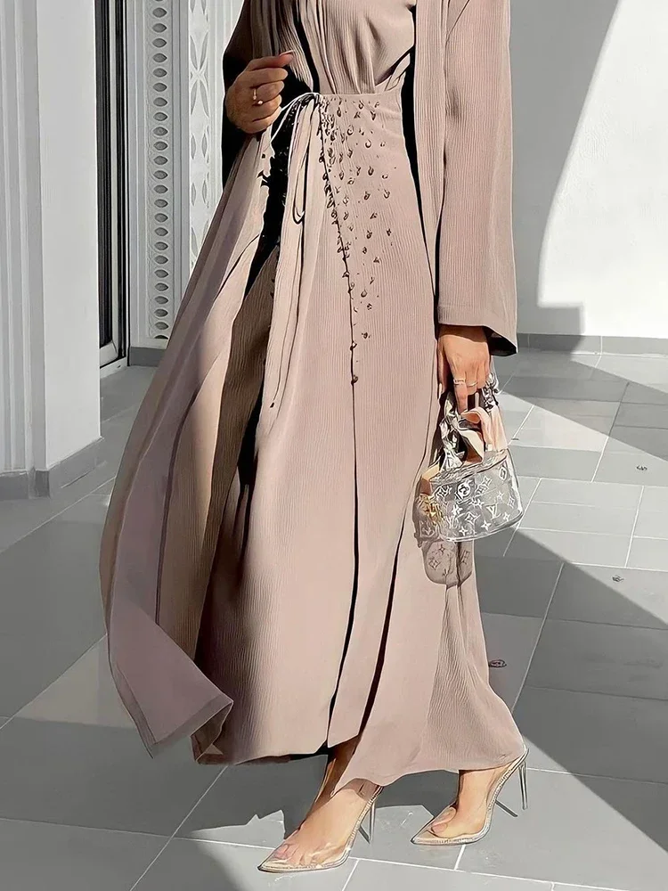 Bangladesh Abaya Muslim Dress Women 3 Piece Ser Evening Dresses Moroccan Kaftan Lace-up Islamic Clothing Hijab Vestidos