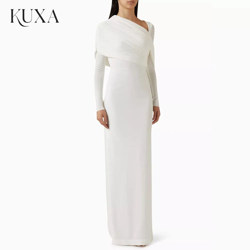 KUXA Draped Asymmetric Neck Evening Dress Long Sleeve Slit Maxi Dress Customized Elegant Wedding Guest Formal Party Gown 2027