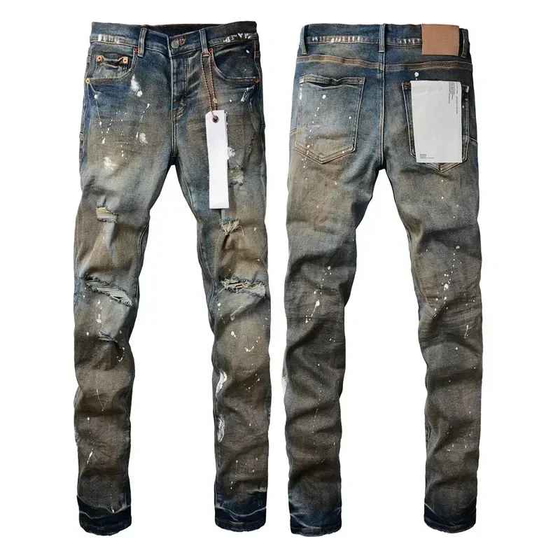 New Fashion Purples Man jeans with distressed paint and distressed holes Fashion brand Repair Low Rise Skinny Denim pants