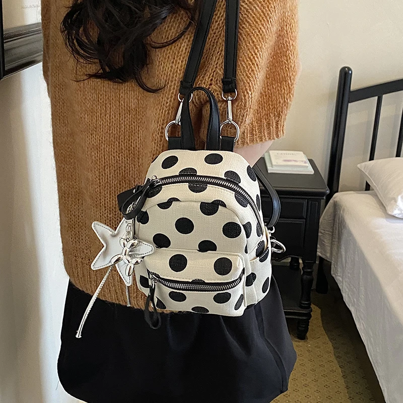 Y2K Kawaii Beige Black Polka Dot Mini Backpack Canvas Small Rucksack With Silver Star Pendant Girls Trendy  School Shoulder Bag - view 4
