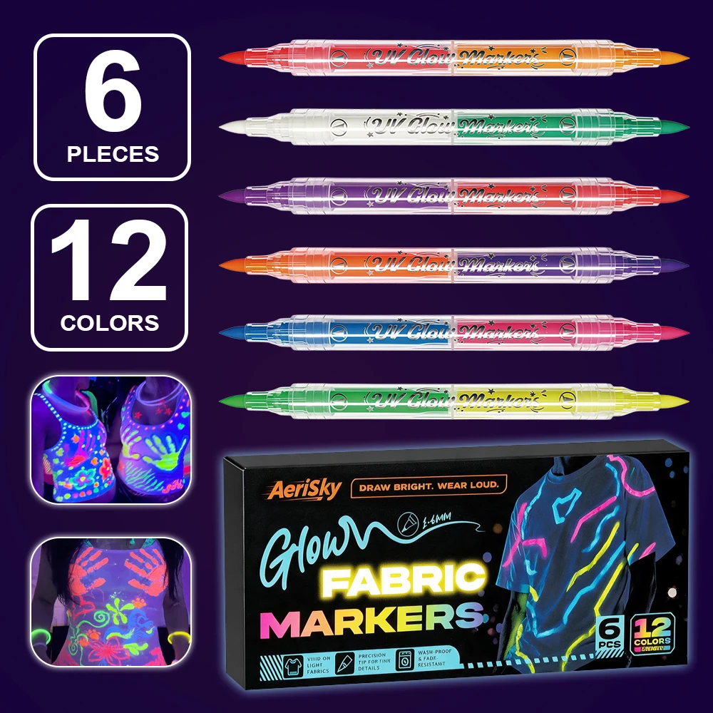 6pcs Dual Tip Fabric Markers 12 Colors UV Glow Fluorescent Textile Pens For Clothing Painting DIY T-Shirt Art Festival Craft