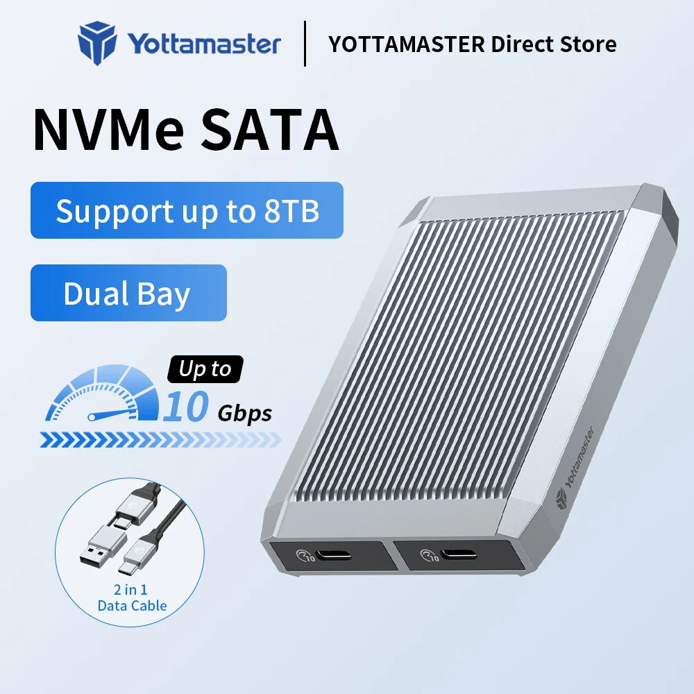 

Yottamaster M2 SATA NVMe SSD Case Dual Protocols USB A 3.0 Type C External HD Hard Drive Disk Enclosure Dual Bay M.2 Storage Box