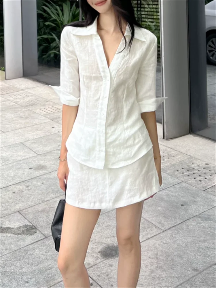 Old Money Casual Women Holiday White Two Pieces Sets Summer Resort 2pc V Neck Half Sleeve Shirt Top&High Waist Mini Skirt Suits