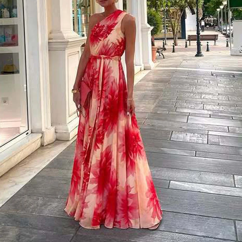 Casual Sleeveless Pleated Bohe Dress Sexy Slanting Shoulder Big Swing Long Dress Women Elegant Pattern Print Lace-Up Party Dress