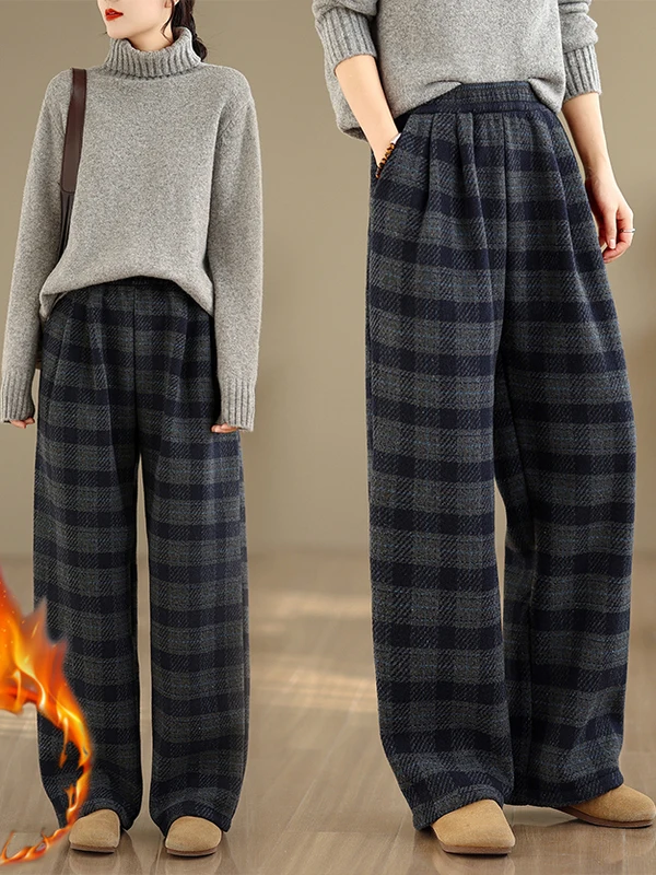 

Thiened Woolen Plaid Pants High Waist Straight Leg Casual Sle Women's Slimming Wide Leg Trousers Faionable All-Match