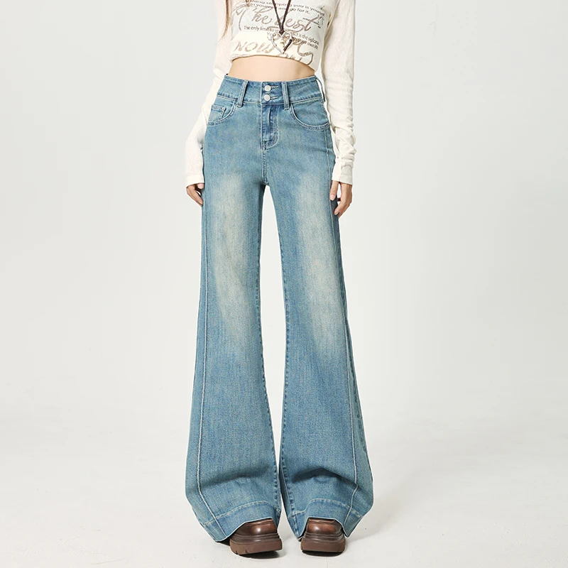 KSTUN 2026 New Light Blue High Waisted Women's Flared Jeans Stretch Denim Pants Patchwork Vintage Double-breasted Long Trousers