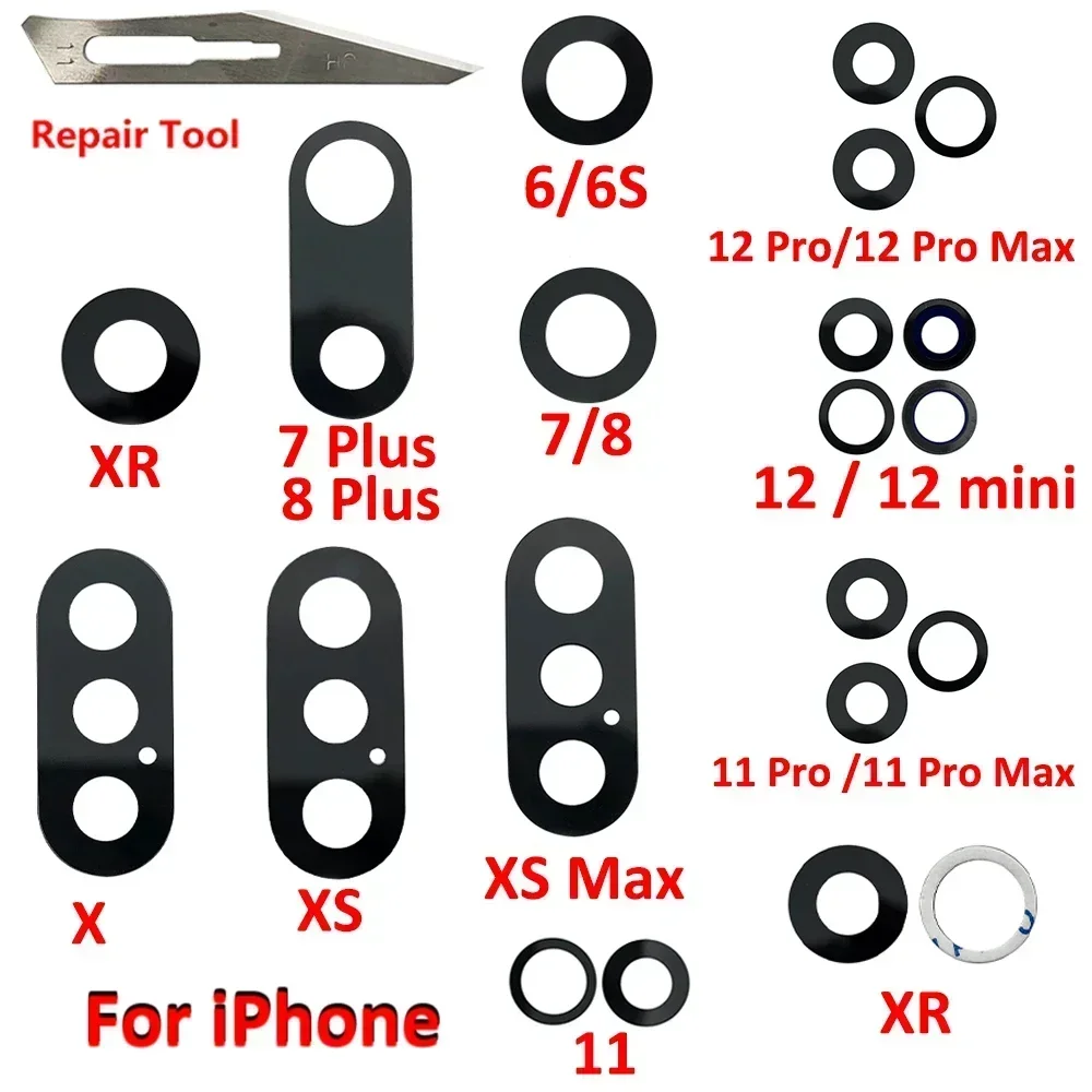 2Pcs, Rear Camera Glass for IPhone 6 7 8 Plus X XR XS 11 12 Pro Max 12mini Back Camera Glass Lens Repair Spare Parts + Tool